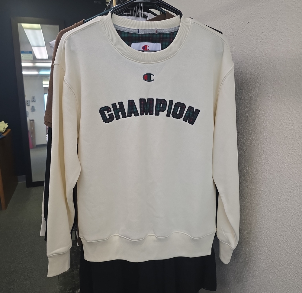 Champion Cream Crewneck with Red & Blue Logo